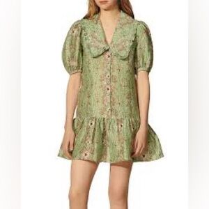 Sandro Pastel Green Floral Puff Sleeve Mini Dress